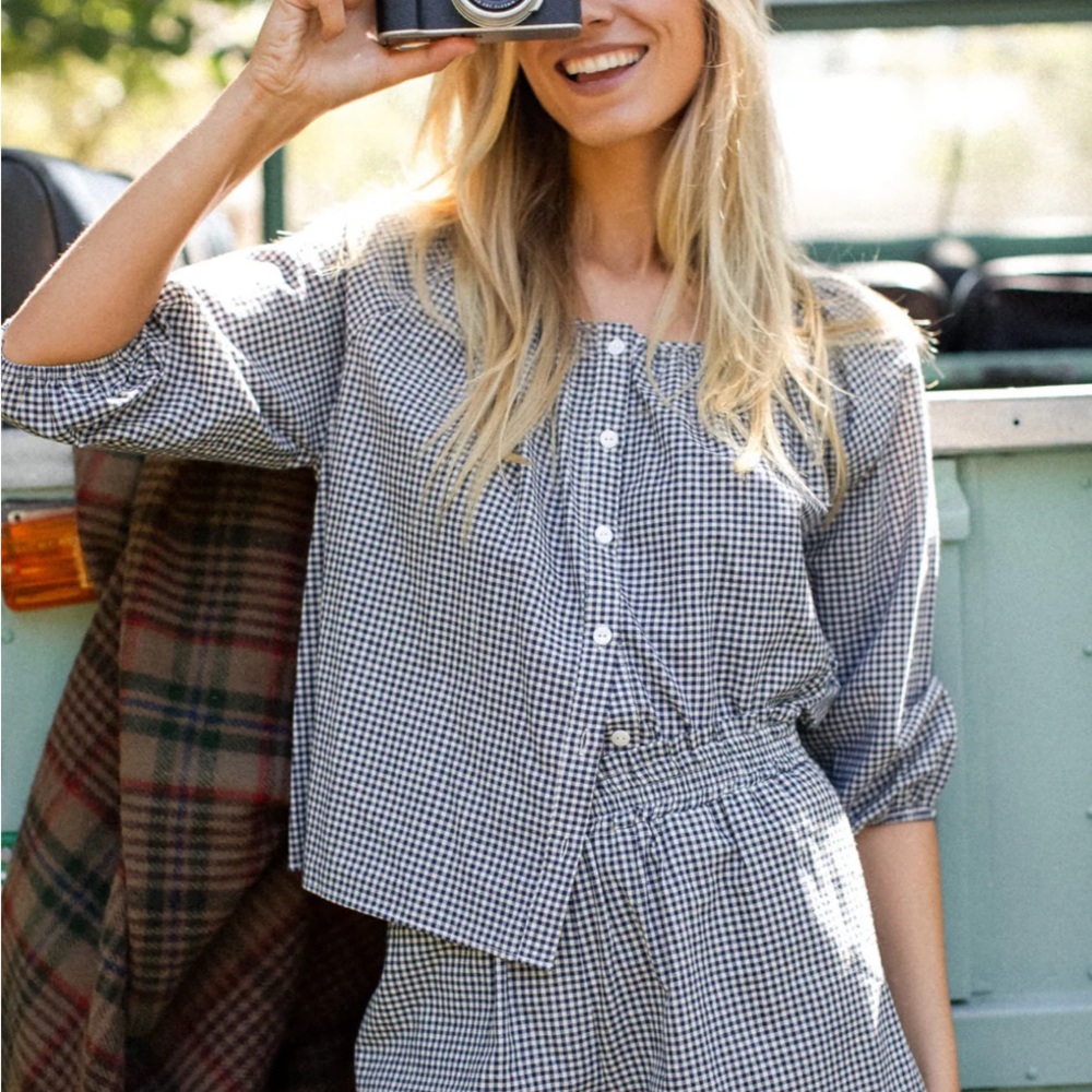 Marea Sophie Button-Front Blouse in Navy & White Mini Gingham